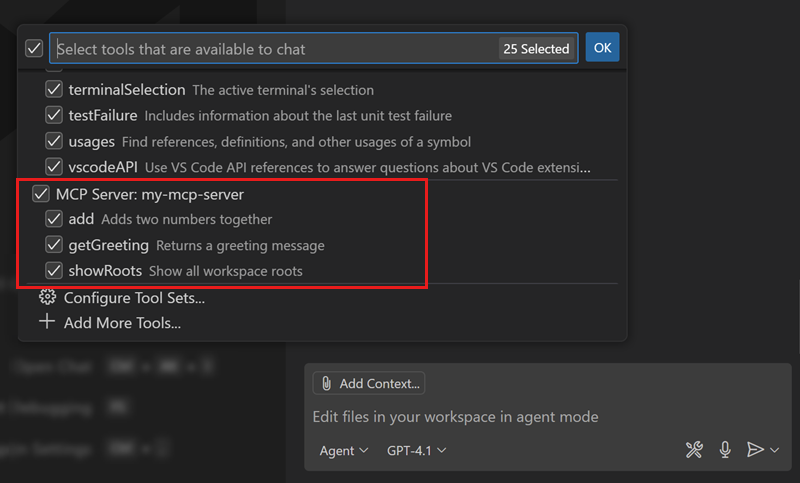 Screenshot that shows the tools picker in agent mode, highlighting tools from an MCP server.