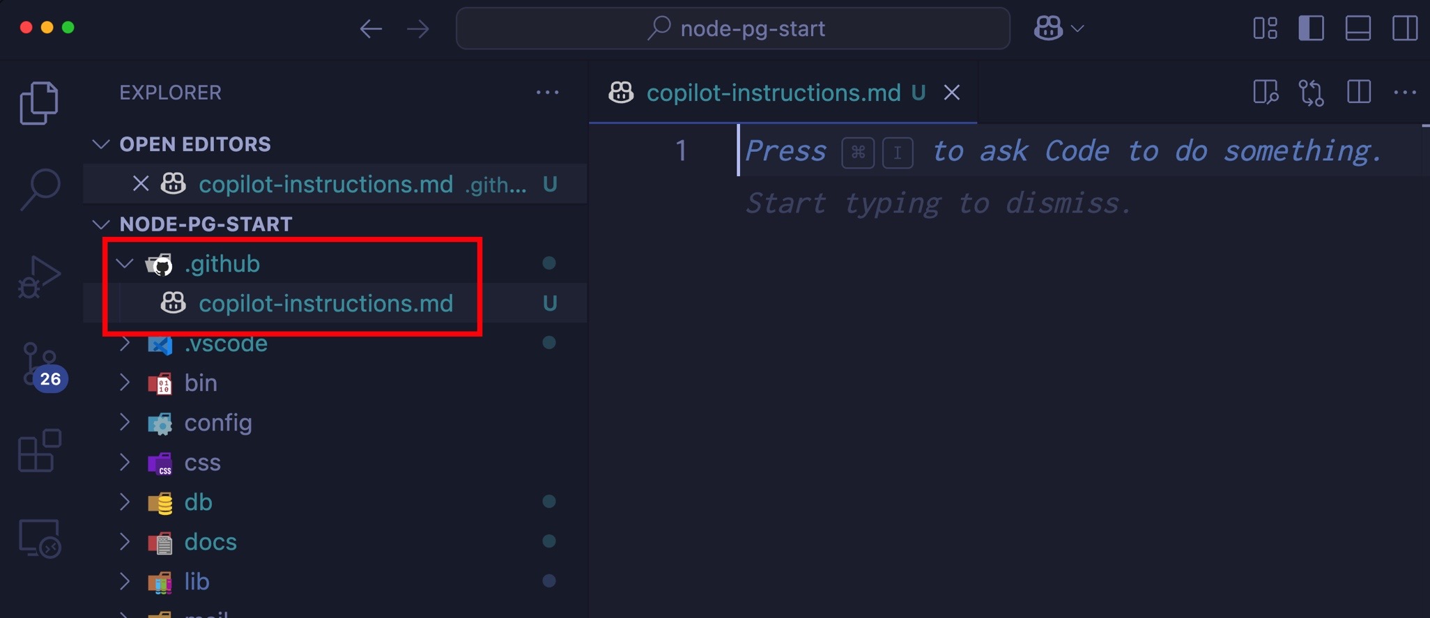 Screenshot showing the Explorer view in VS Code, highlighting the  file. The file is still empty.