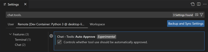 Auto Approve tool setting in VS Code remote settings