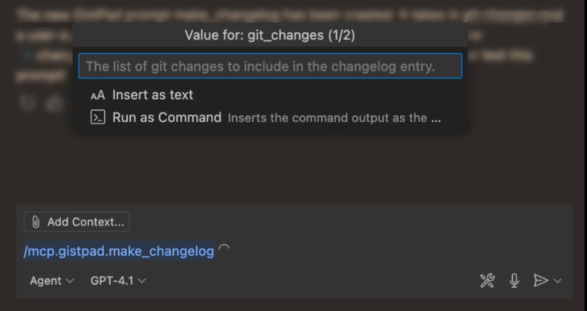 Screenshot of the Chat view, referencing a prompt from the Gistpad MCP server, which asks for additional input values.