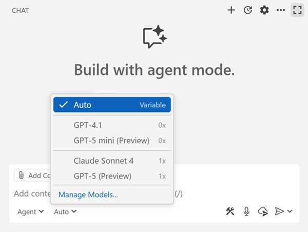 Screenshot that shows the model picker in the Chat view, showing the auto option.