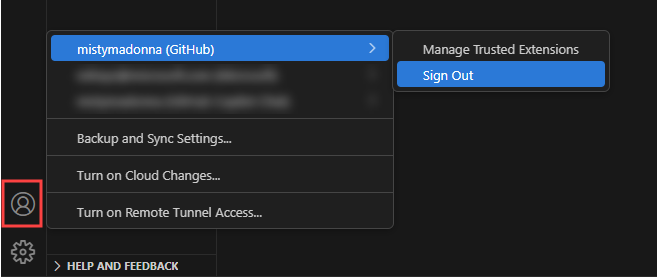 Screenshot that shows where to sign out of an Azure account