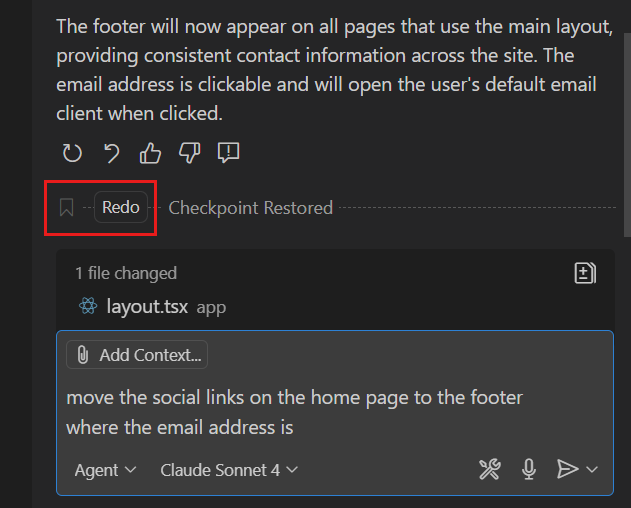 Screenshot of the Chat view, showing the Redo button to redo the changes after restoring a checkpoint to a previous state.