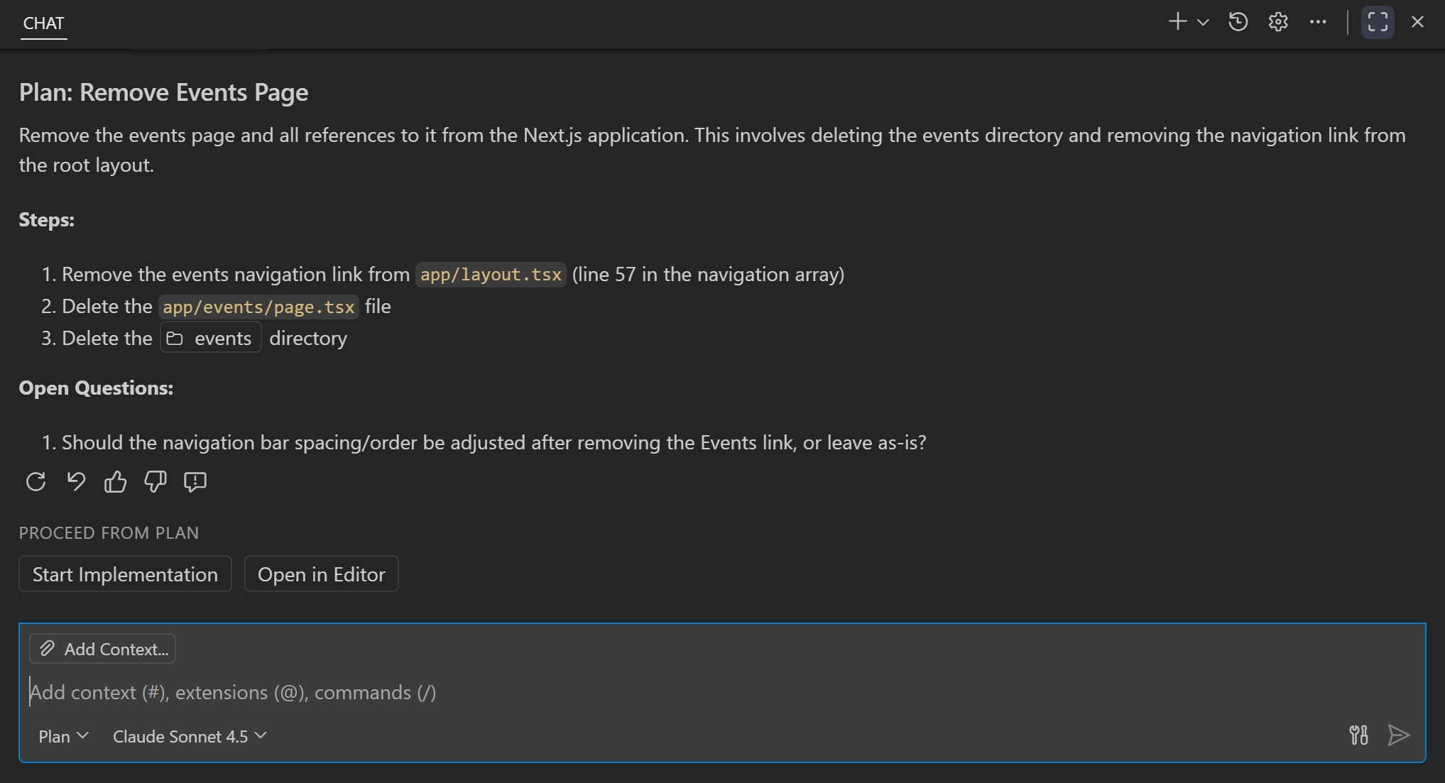 Screenshot showing a sample plan generated by the plan agent in the Chat view, including a summary, breakdown of steps, and open questions.