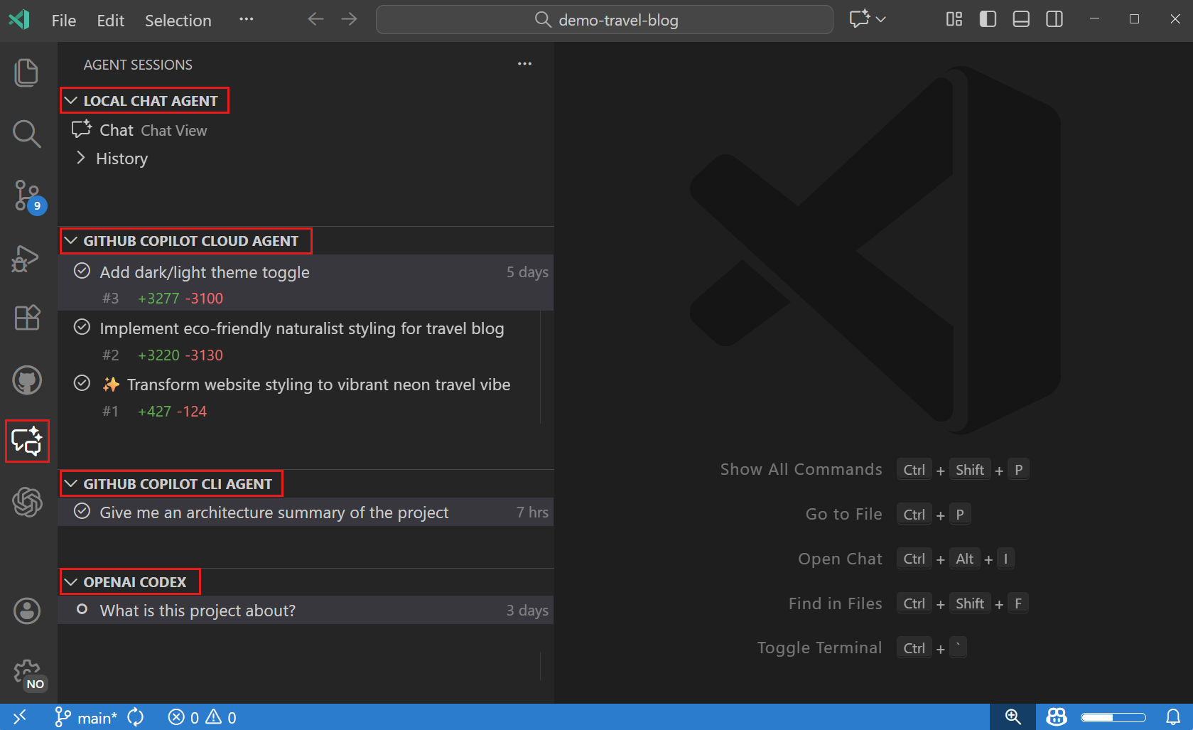 Screenshot of the Agent Sessions view in the Primary Side Bar, showing a view for local chat sessions, and coding agents like Copilot coding agent, Copilot CLI and Codex.