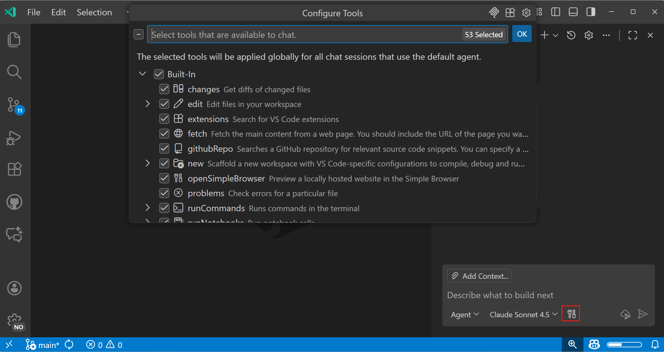 Screenshot showing the Chat view, highlighting the Configure Tools button in the chat input.
