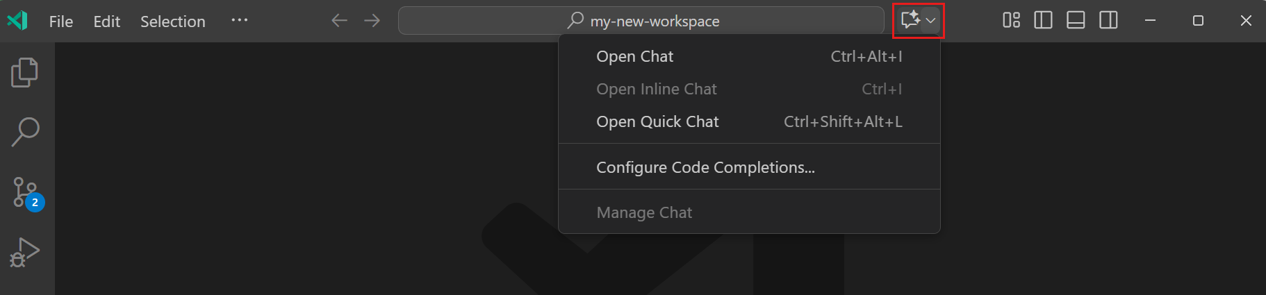 Screenshot of the Copilot Chat menu in the VS Code Command Center