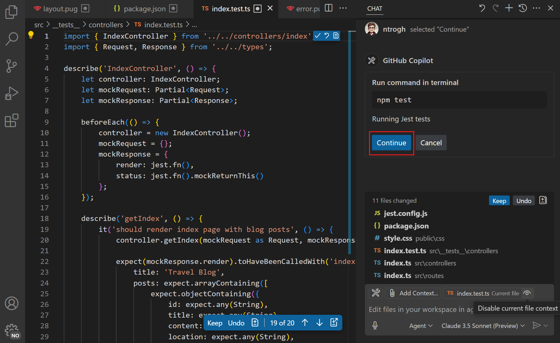 Screenshot of VS Code editor, showing the Chat view asking to confirm running tests in the terminal.