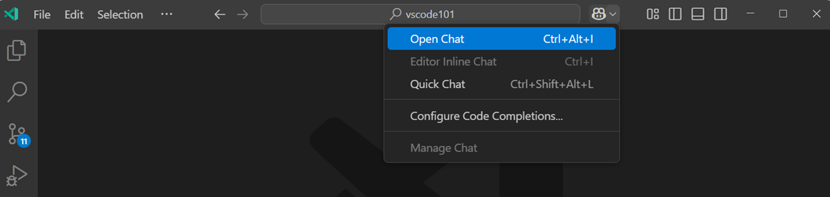 Screenshot of VS Code editor, showing the Copilot Chat view, highlighting the chat menu in the Command Center.