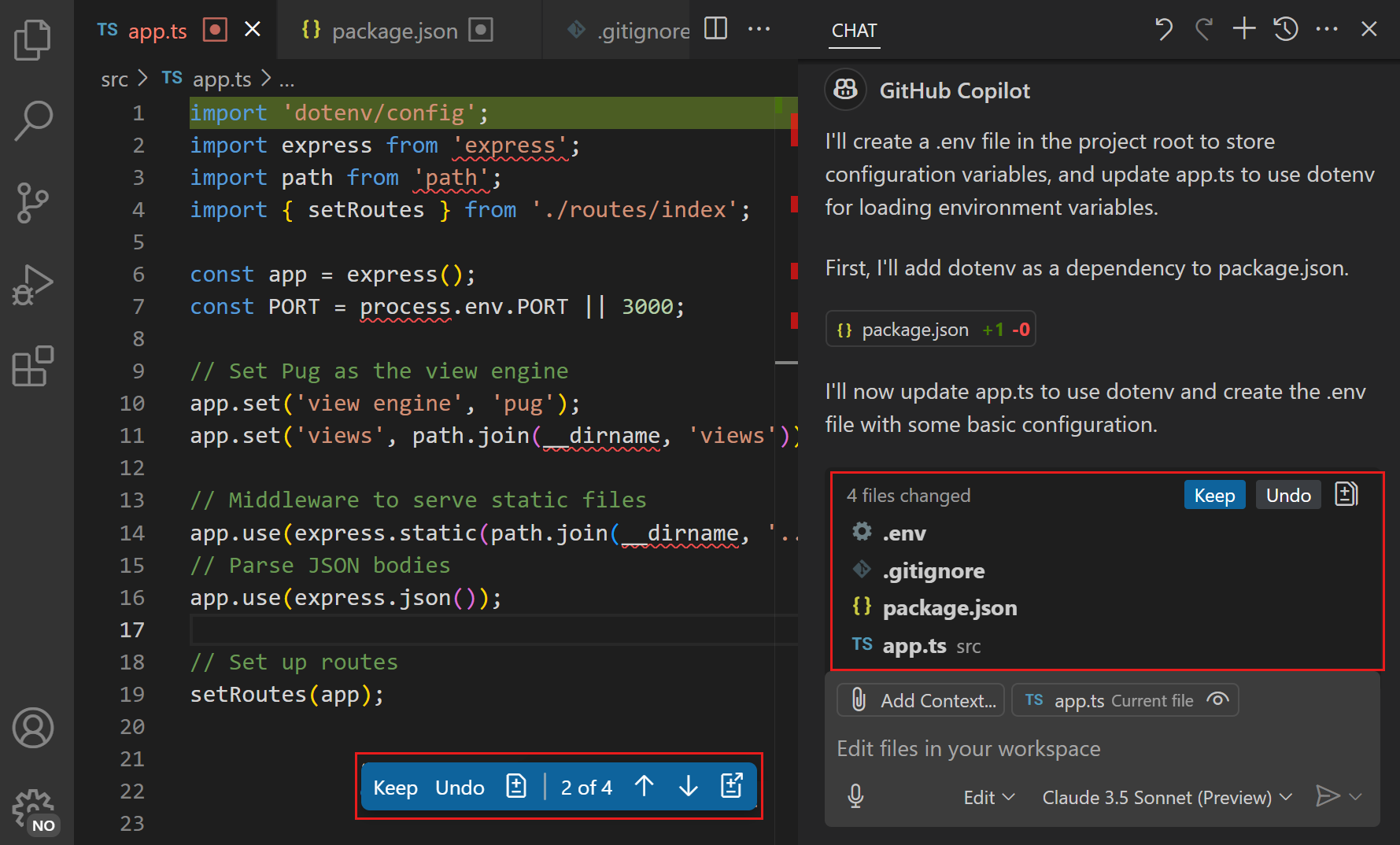 Screenshot of VS Code editor, showing the suggested code change in the app.ts file.