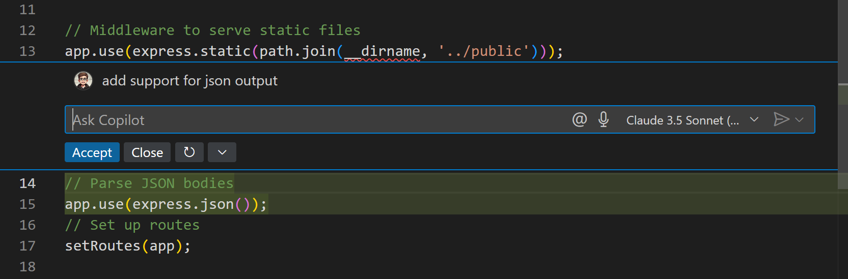 Screenshot of VS Code editor with the suggested code change.