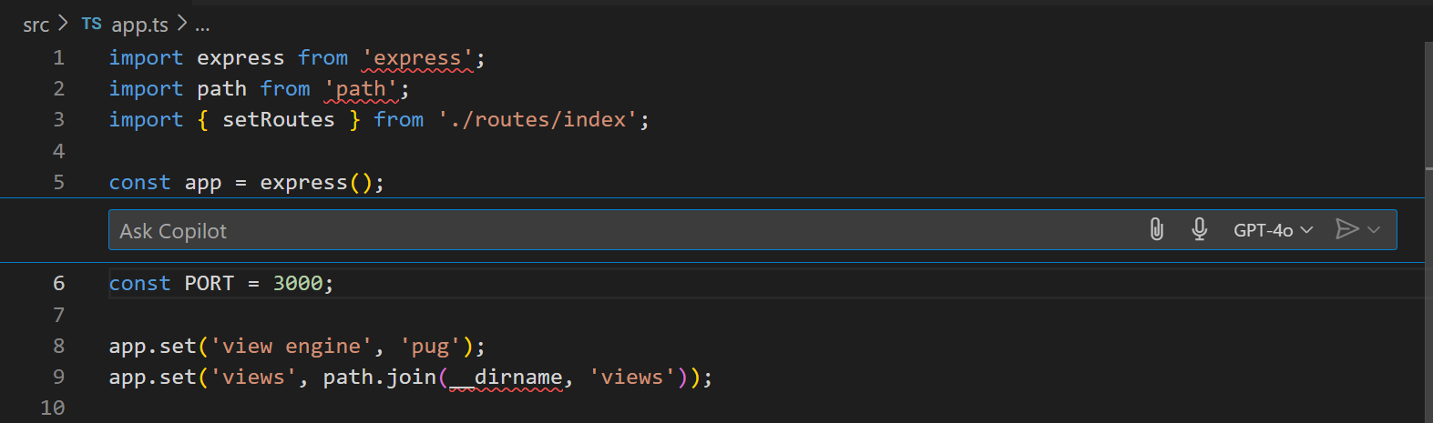 Screenshot of VS Code editor, highlighting the Inline Chat popup control.