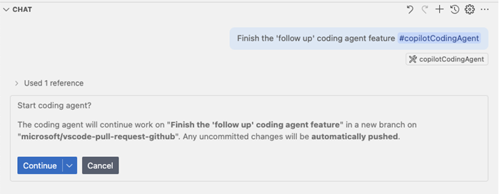 Screenshot showing handing off a session to Copilot coding agent