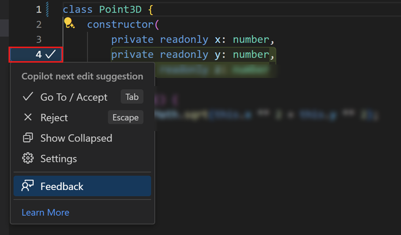 Screenshot that shows next edit suggestions menu in the editor gutter.