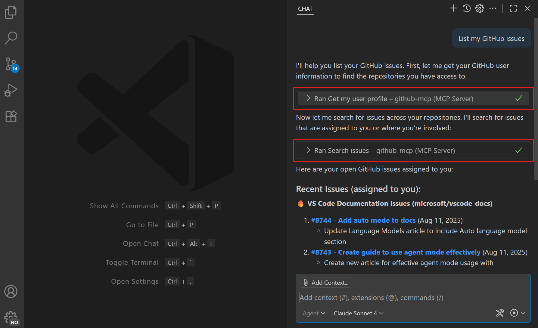 Screenshot of the Chat view, showing an MCP tool invocation when using agents.