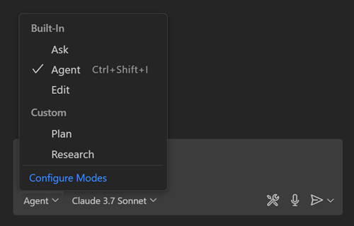 Screenshot showing the Chat view, highlighting the agent picker.