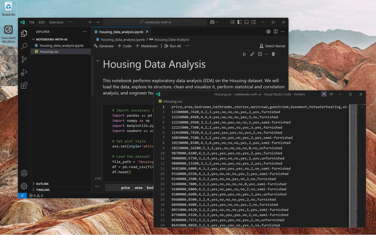 Screenshot that shows the OS desktop with VS Code window and a CSV file opened in a floating window.