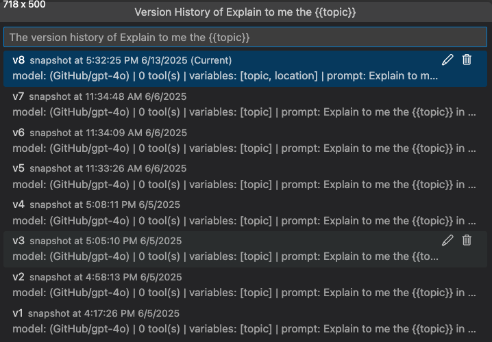 Screenshot showing the Version History dialog with a list of saved versions of a prompt or agent.