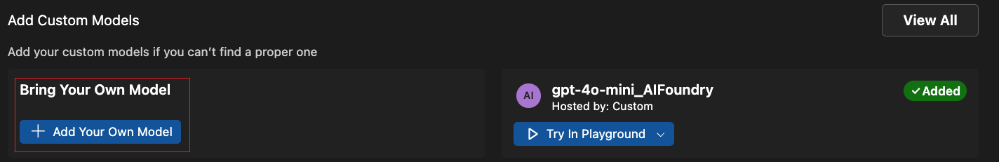 Screenshot der AI Toolkit-Oberfläche, der den Abschnitt Benutzerdefinierte Modelle im Modellkatalog zeigt. Die Schaltfläche + Modell hinzufügen ist hervorgehoben, um anzuzeigen, wo Benutzer klicken können, um ein neues benutzerdefiniertes Modell hinzuzufügen.
