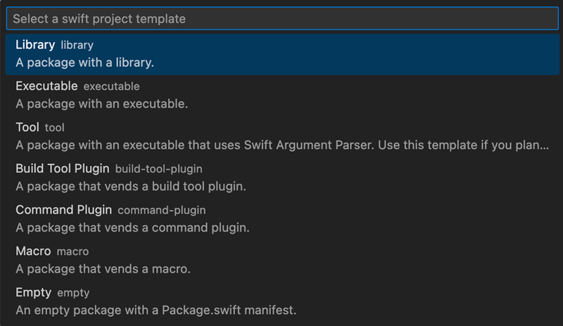Create New Project command showing available project templates