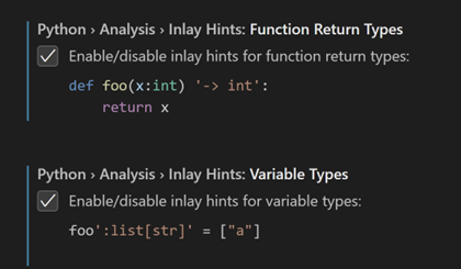 Two Python Analysis Type Hints settings being enabled in the Settings editor: for Function Return Types and for Variable Types