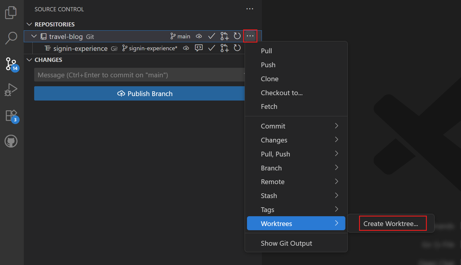Screenshot showing the worktree context menu in the Source Control Repositories view.