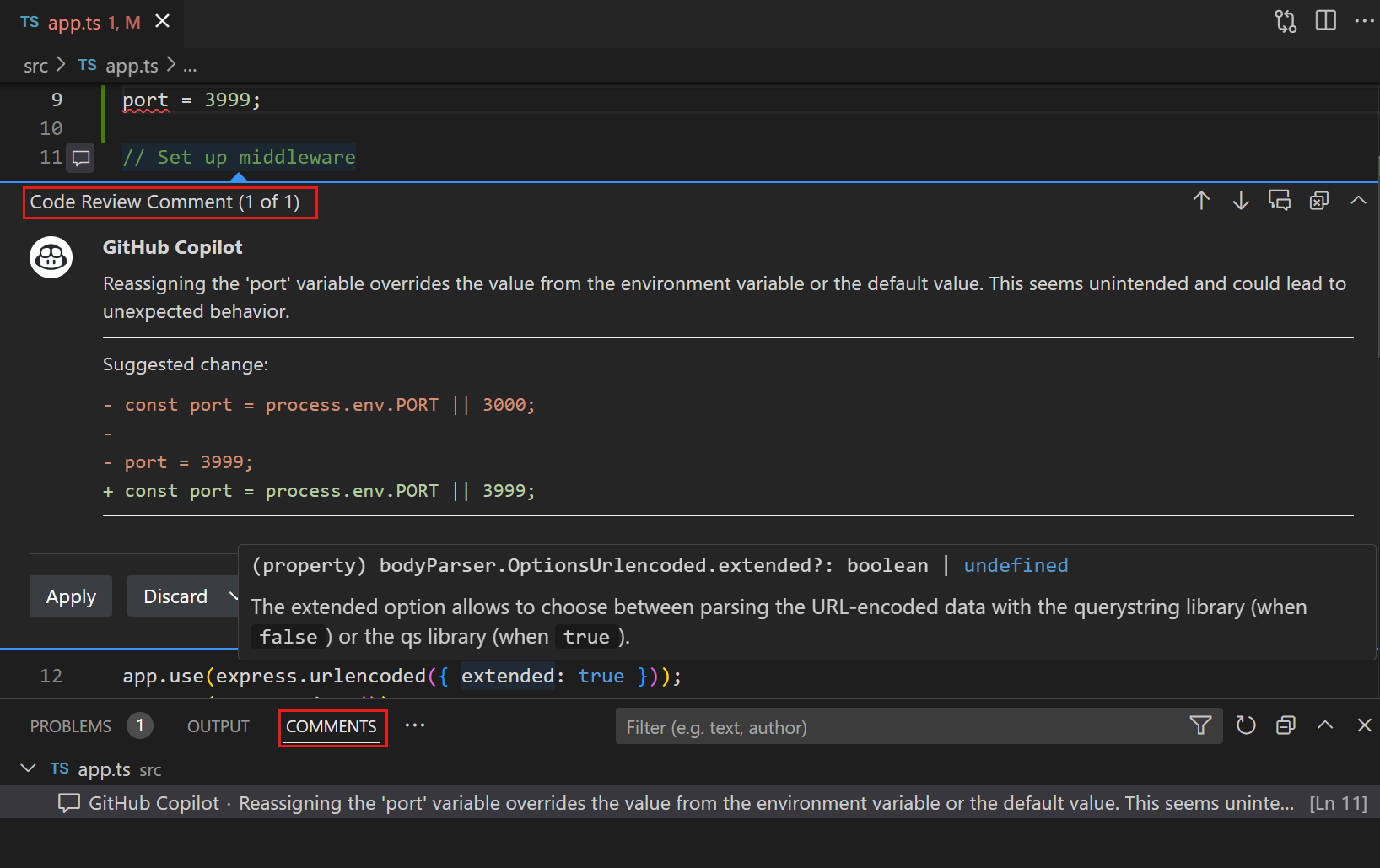 Screenshot of the code review results, showing as editor overlay comments.