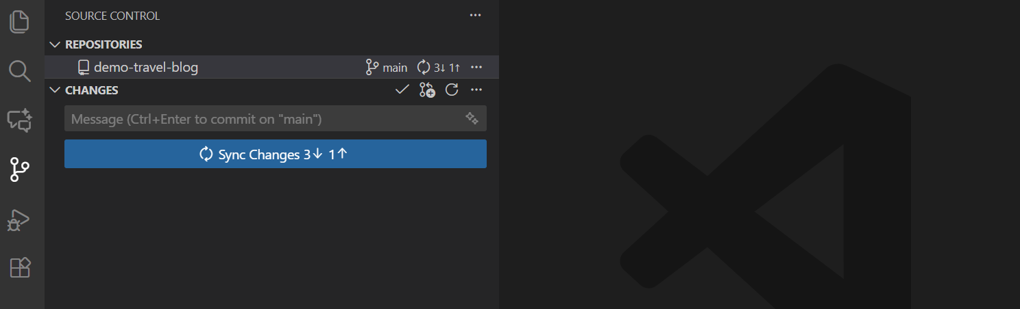 Screenshot of the Source Control view showing the sync button indicating outgoing and incoming changes.