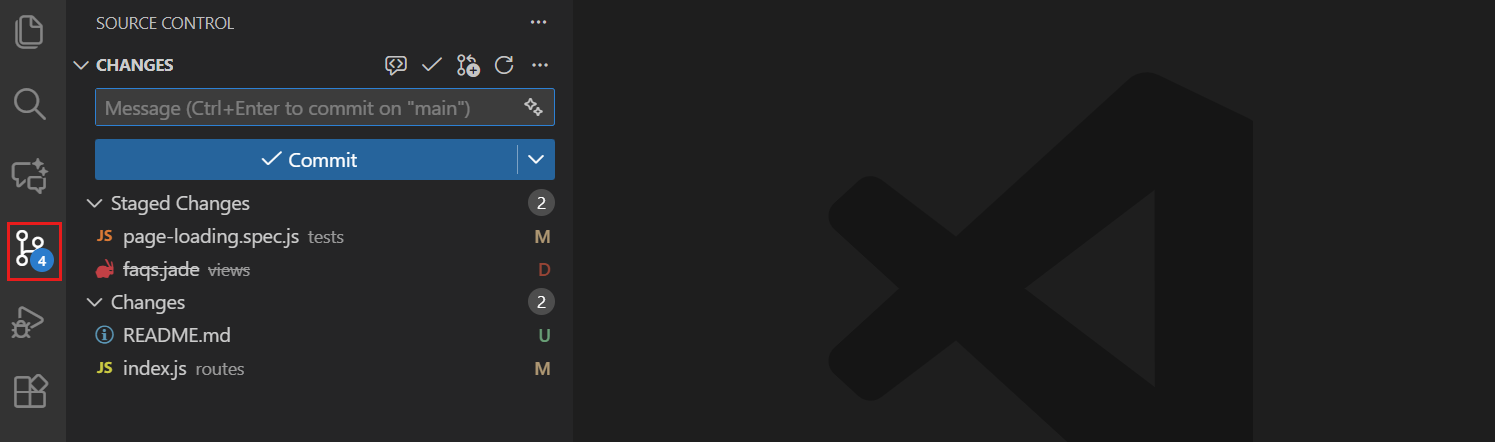 Screenshot of the Source Control view showing a modified and new file under Changes.