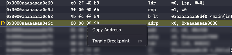 Screenshot that shows the context menu in the Disassembly view.