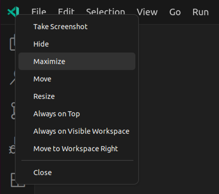 Screenshot of the native window context menu over the custom title bar.