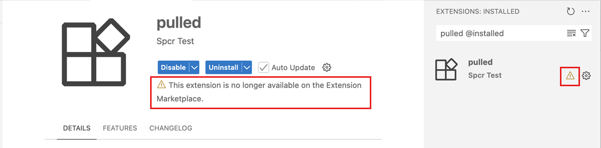 Screenshot of an extension with a warning indicator and a message indicating it's no longer available in the Marketplace.