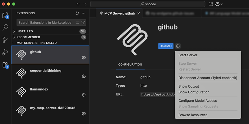 Screenshot zeigt die Aktion Konto trennen im Zahnradmenü des MCP-Editors.