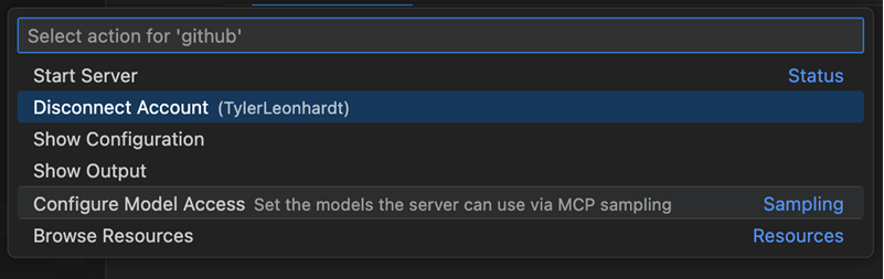 Screenshot zeigt die Aktion Konto trennen im MCP-Schnellauswahlmenü.