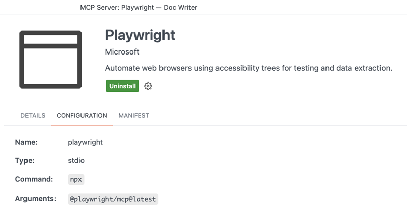 Screenshot showing the MCP server editor with runtime configuration.