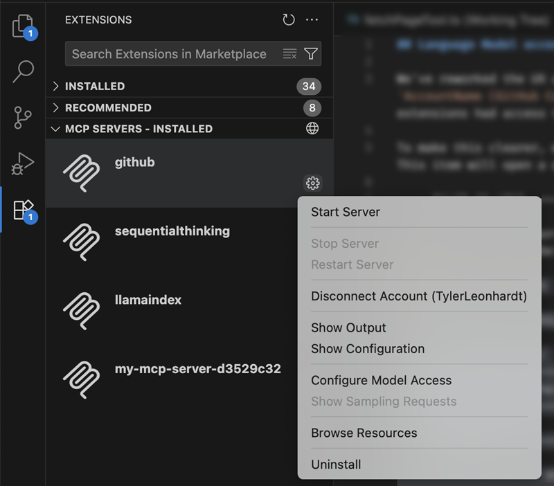 Screenshot zeigt die Aktion Konto trennen im Zahnradmenü der MCP-Ansicht.