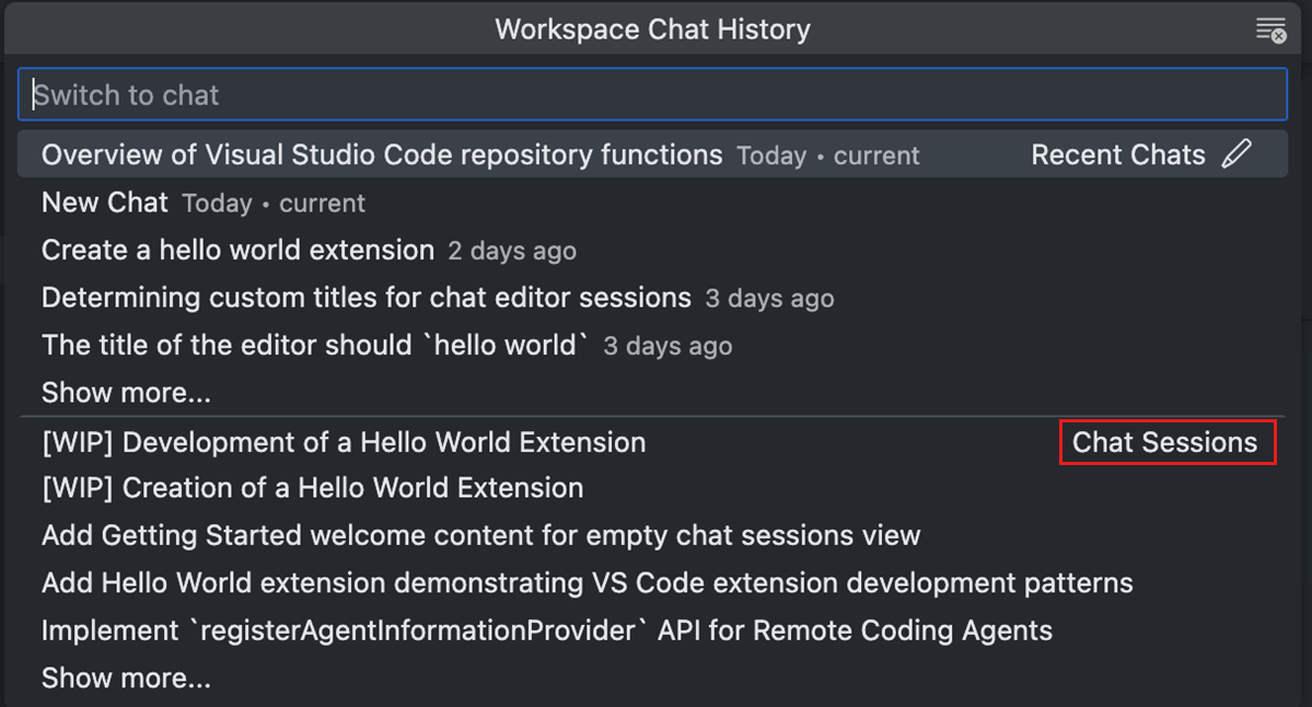 Screenshot showing the Coding Agent Sessions Quick Pick.