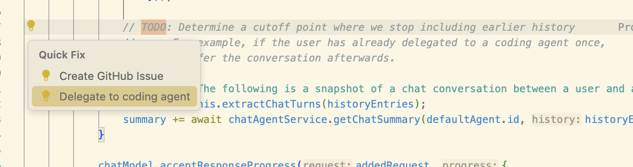 Screenshot of a code action above a TODO comment called Delegate to coding agent.