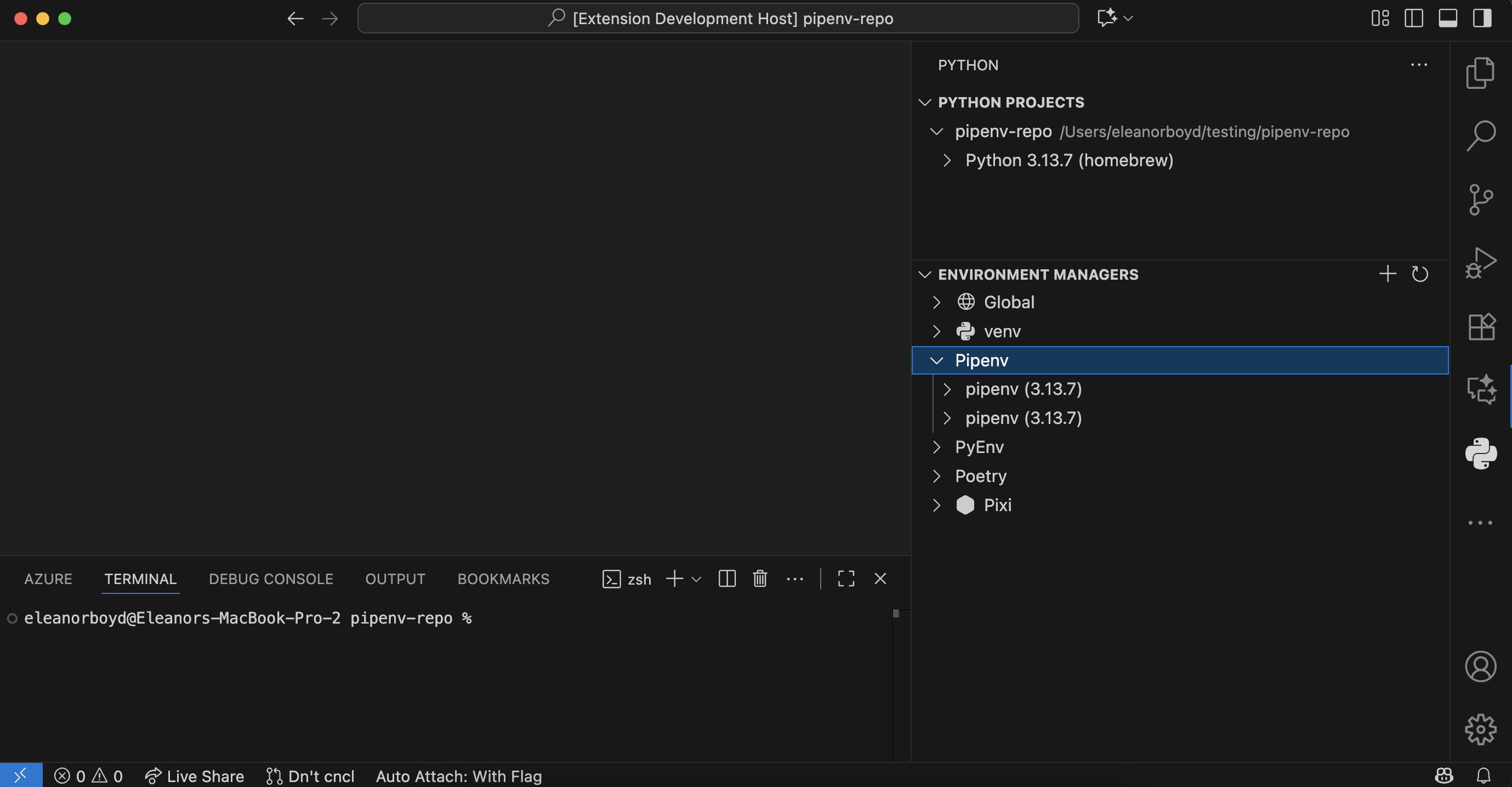 Screenshot showing the Python sidebar with Pipenv environments expanded.