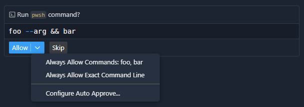 Screenshot that shows the three standard options are presented for "foo --arg && bar".