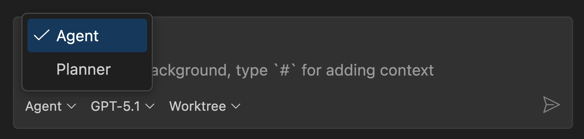 Screenshot showing a background agent session with a custom Planner agent in the Agents dropdown list.
