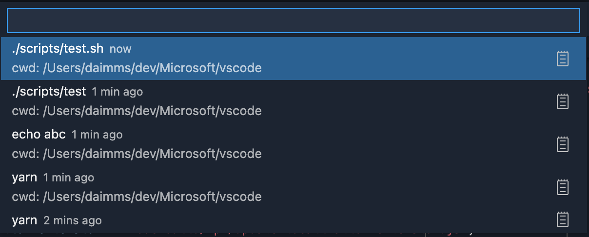 Zuletzt ausgeführte Befehle werden in einer Quick Pick angezeigt, einschließlich Informationen zum aktuellen Arbeitsverzeichnis und wie lange sie her sind.