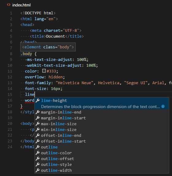css intellisense in html