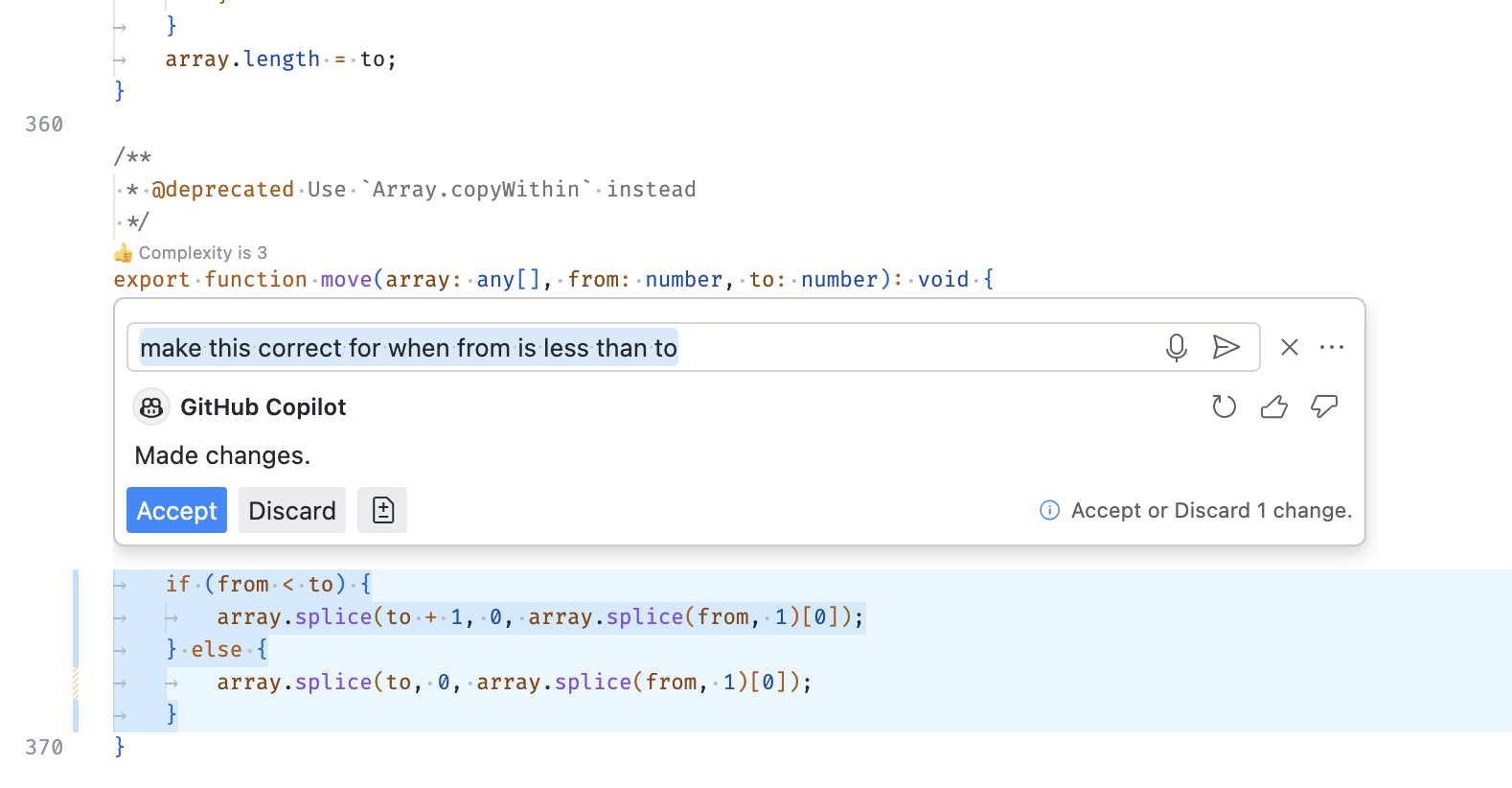 Screenshot des Copilot Inline Chat, der die neu positionierten Bedienelemente zeigt.