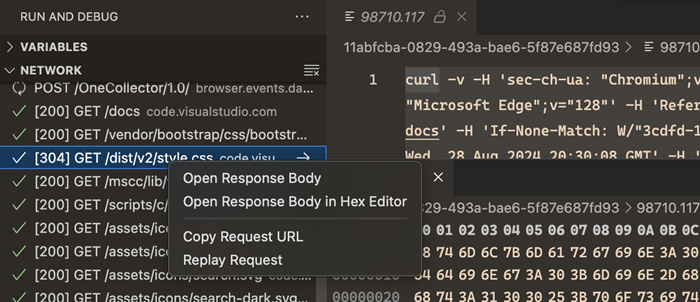 Screenshot, der die Netzwerkansicht für den JavaScript-Debugger zeigt.